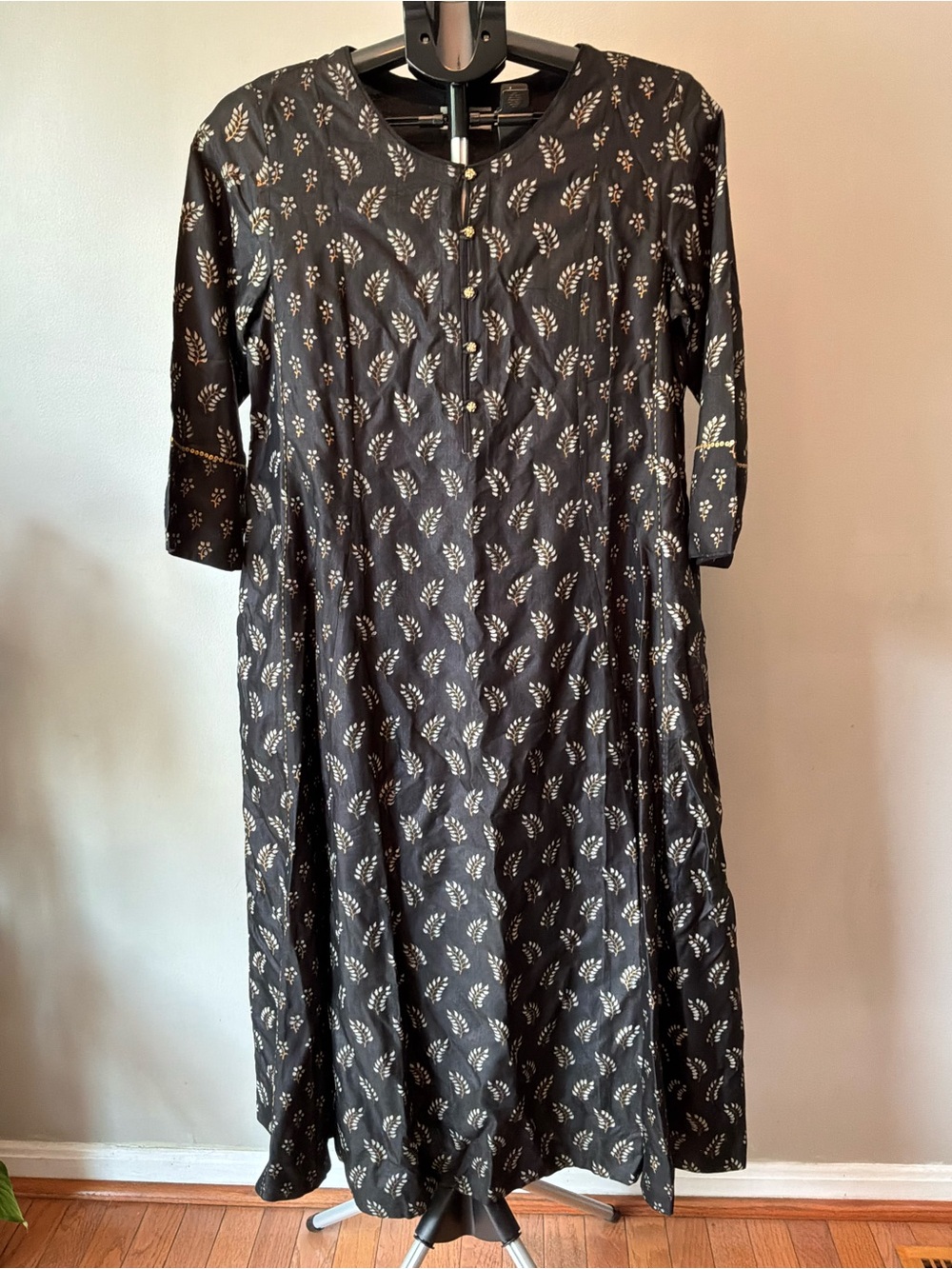 Fabindia A-Line Midi Dress Women Small‎ Black Gold Block Print Boho Cottagecore
